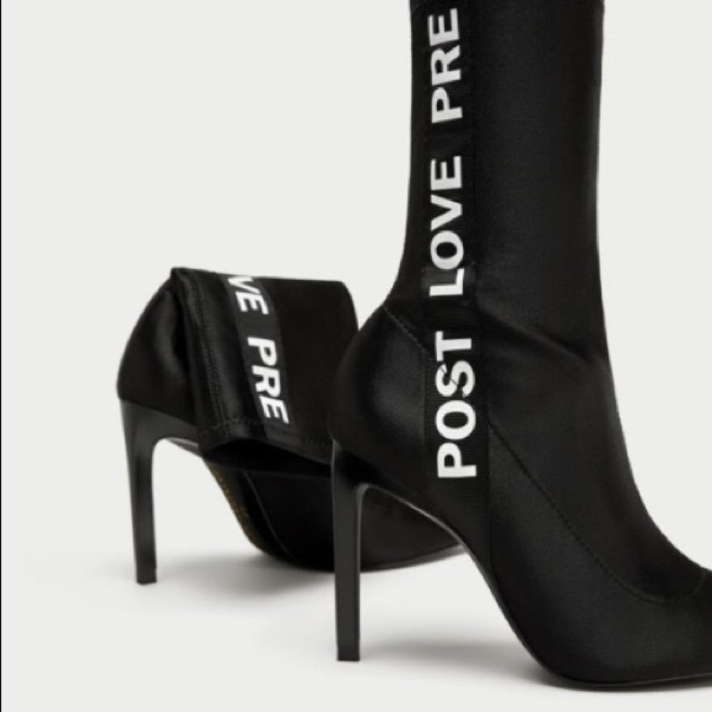 Sold 12/15 RARE ZARA SOCK-STYLE STRETCH SATIN STILETTO POINTY TOE BLACK BOOTIES